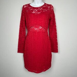 Express Y2K Coquette Red Sheer Lace‎ Bodycon Mini Dress Long Sleeve Size S